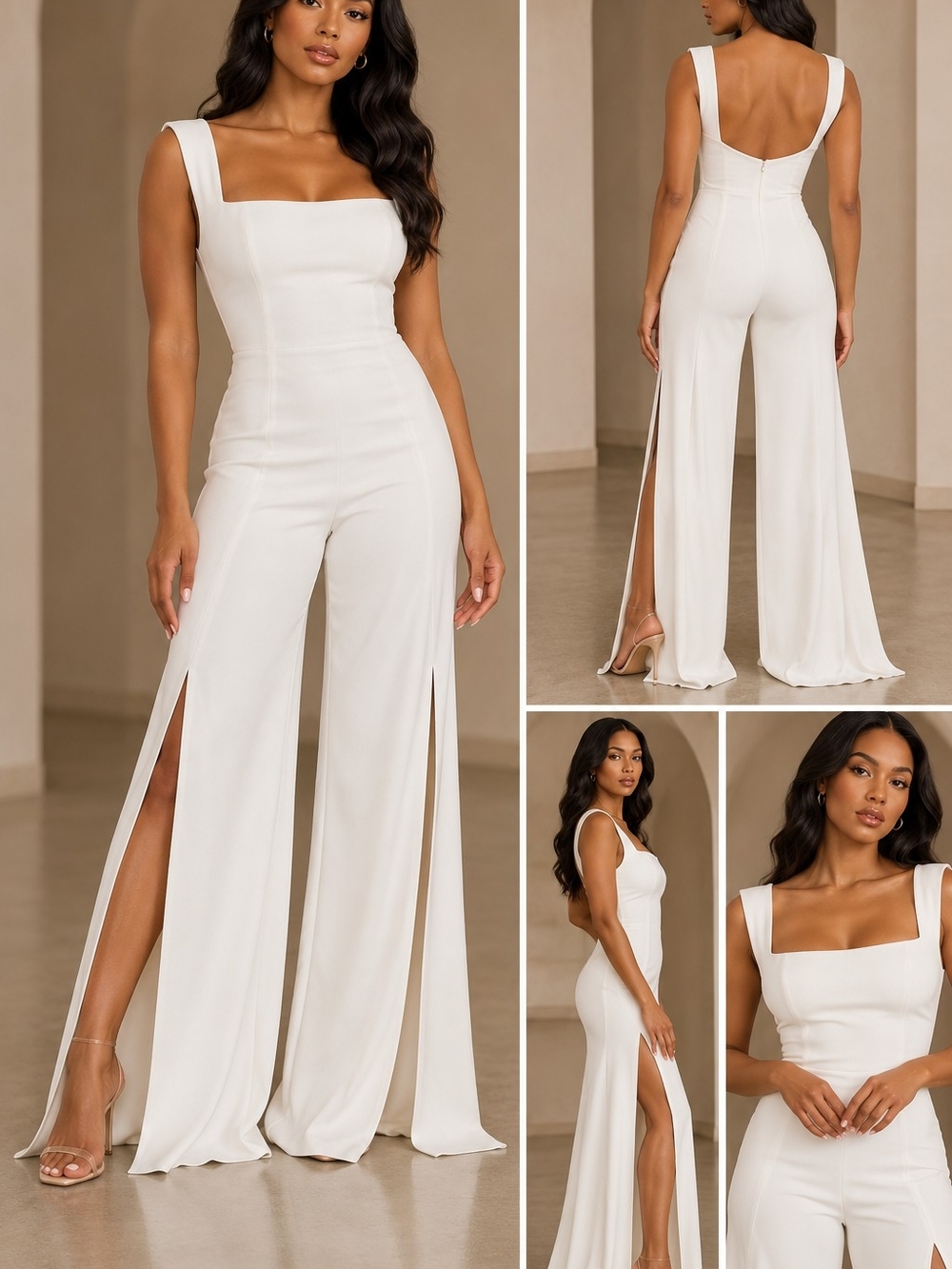 Nookie White Square-Neck Wide-Leg Jumpsuit with High Slits